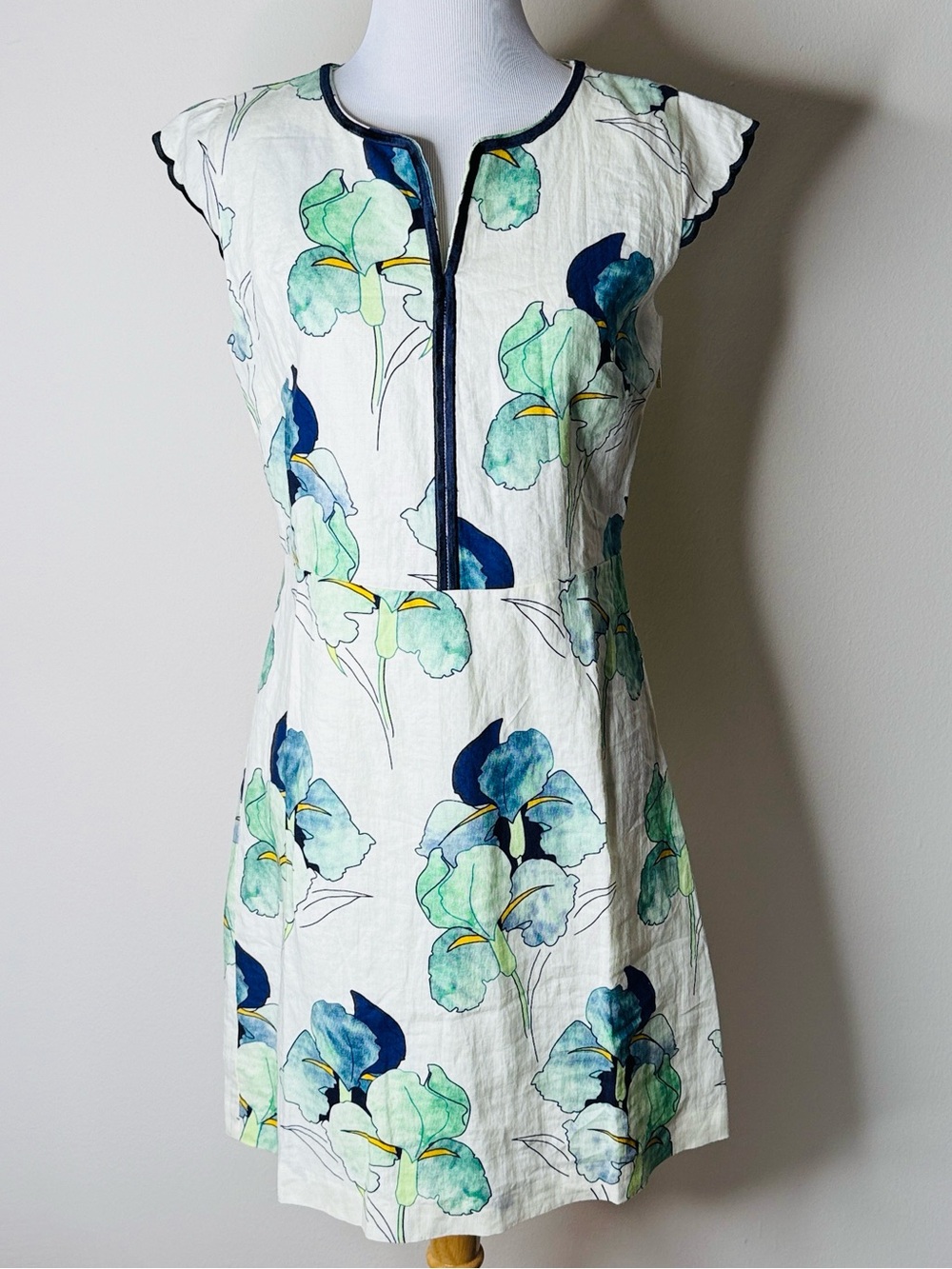 Veinfuns Navy and Green Linen Watercolor Floral Midi Dress